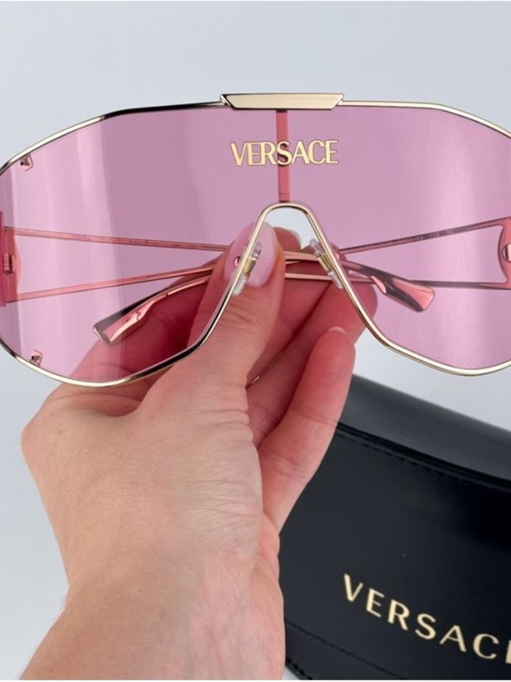 Versace Women's Pink Shield Sunglasses with Gold Accents
